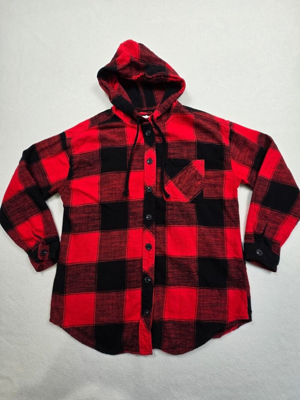 Maunces Medium Hooded Long Sleeve Flannel Shirt Plaid Red & Black Button-Down
